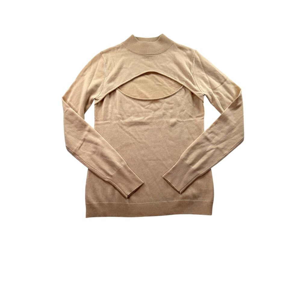Milly Cutout Wool Cashmere Mock Neck Sweater M Long Sleeve Tan Quiet Luxury